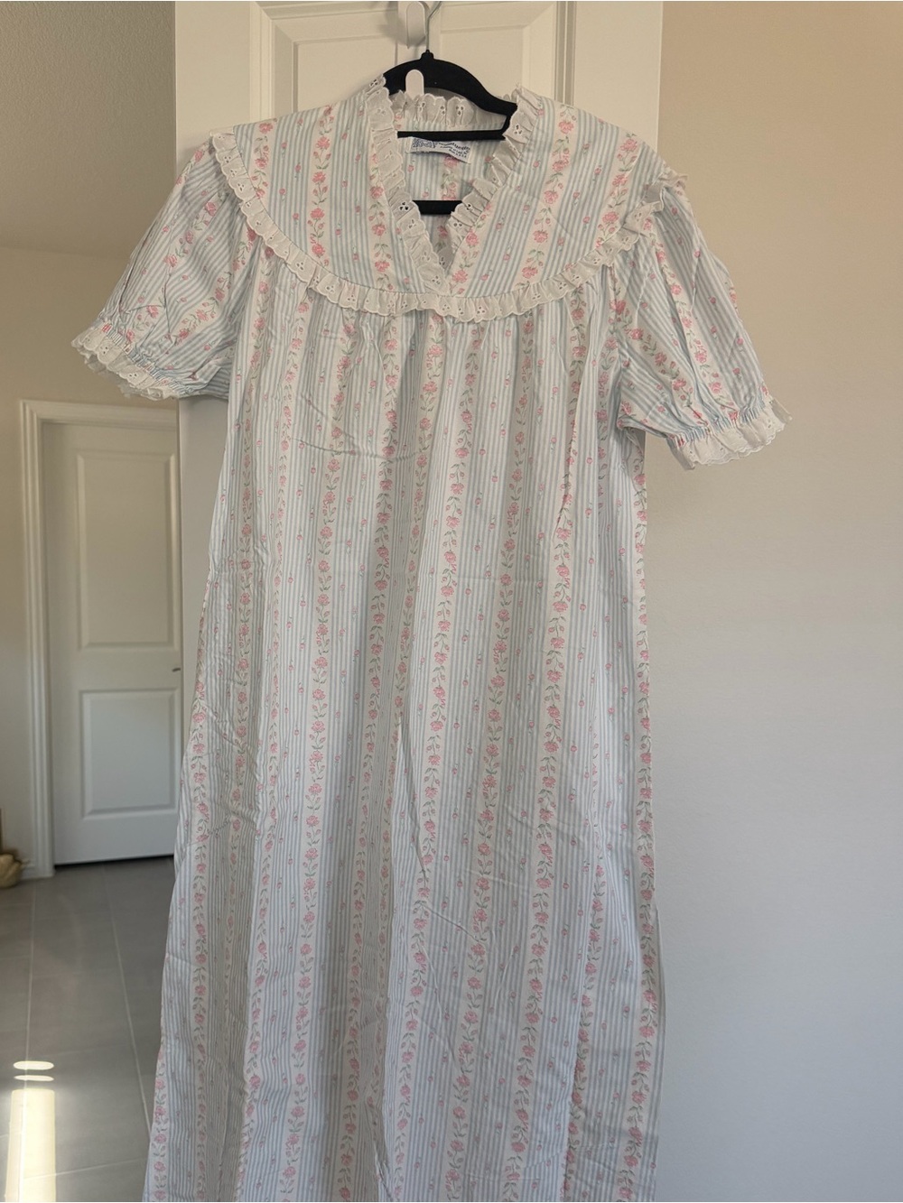 Floral Stripe Cotton Nightgown - Pink & White